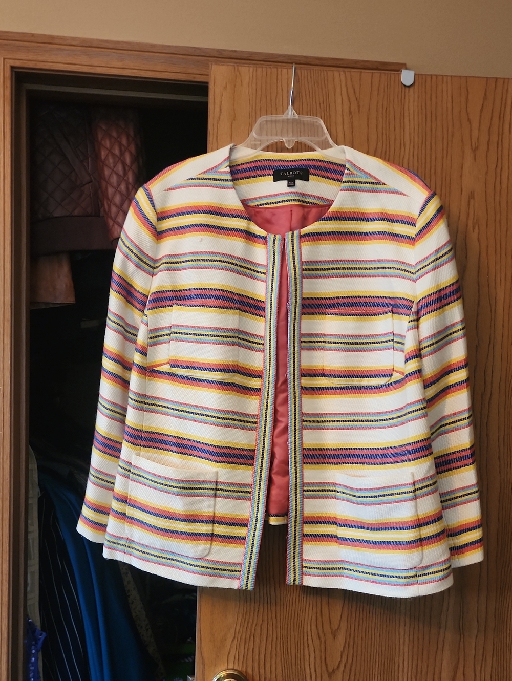 Talbots Cream Striped Collarless Blazer with Pink and Yellow Stripes
